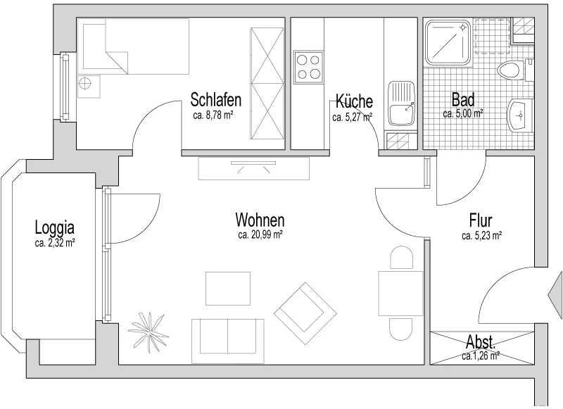 Beispiel-Grundriss für eine Eineinhalb-Zimmer-Wohnung (49 m²).