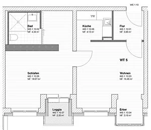 Beispiel-Grundriss für eine barrierefreie Zwei-Zimmer-Wohnung mit 51,53 m². 