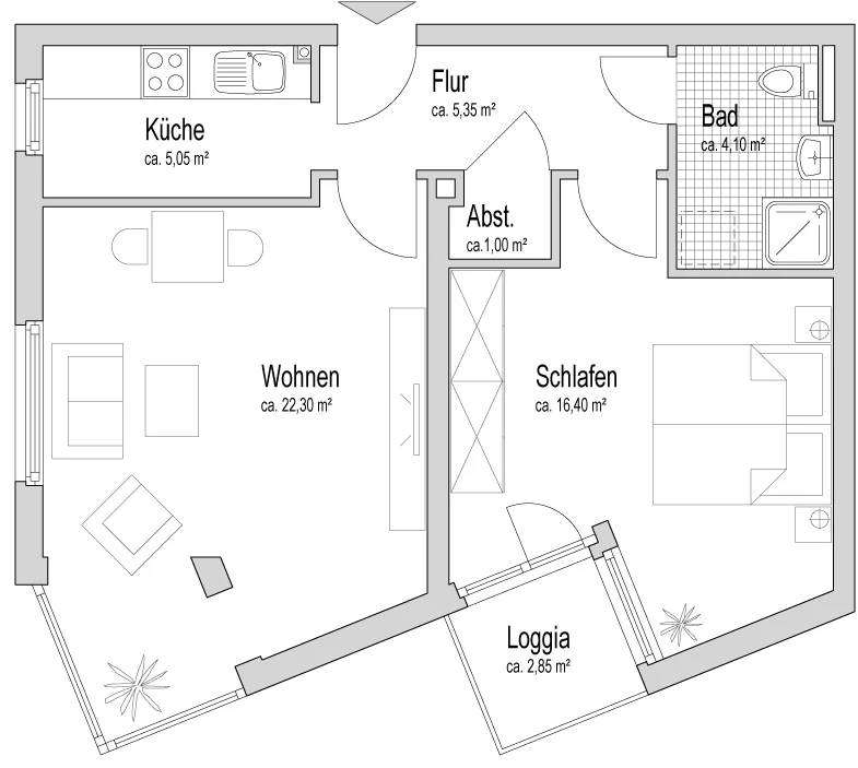 Beispiel-Grundriss für eine Zwei-Zimmer-Wohnung (56 m²).