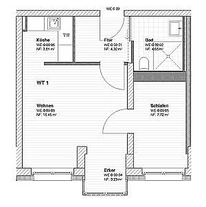 Beispiel-Grundriss für eine barrierefreie Eineinhalb-Zimmer-Wohnung mit 40,23 m². 