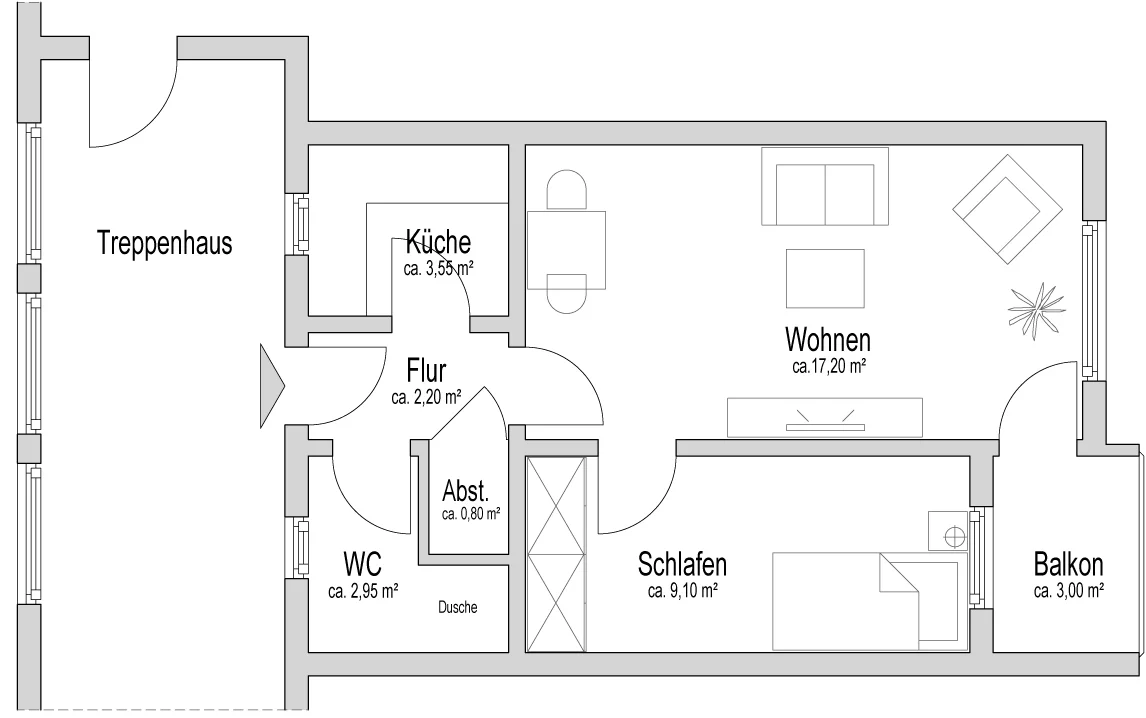 Beispiel-Grundriss für eine Eineinhalb-Zimmer-Wohnung (40 m²). 