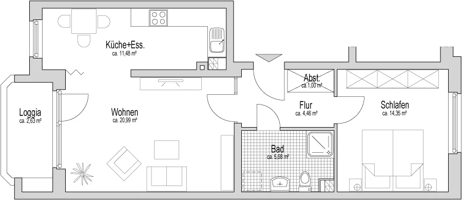 Beispiel-Grundriss für eine Zwei-Zimmer-Wohnung (60 m²).