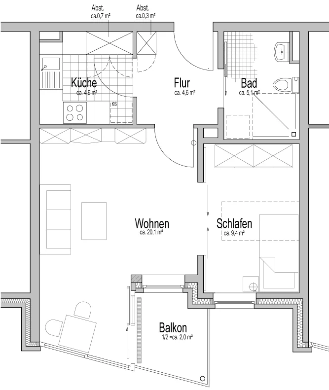 Beispiel-Grundriss für eine Eineinhalb-Zimmer-Wohnung (48 m²).